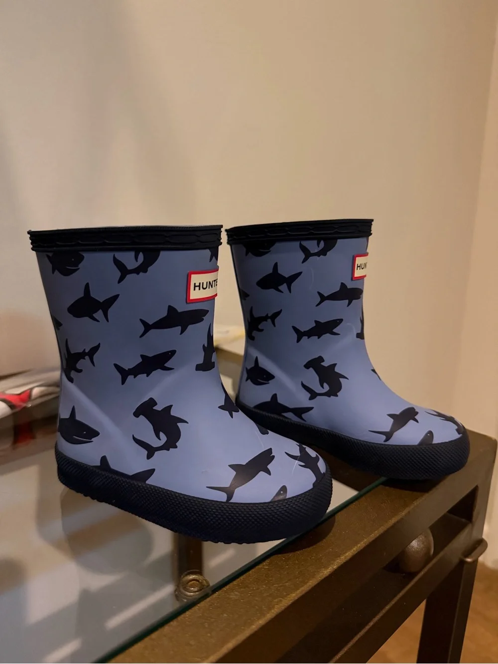 Hunter Kids Light Blue Shark-Print Rain Boots